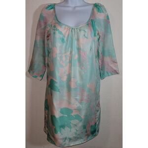 VTG Tara Jarmon Green Pink Retro Shift Mini Dress 38 US M 8 10 100% Silk